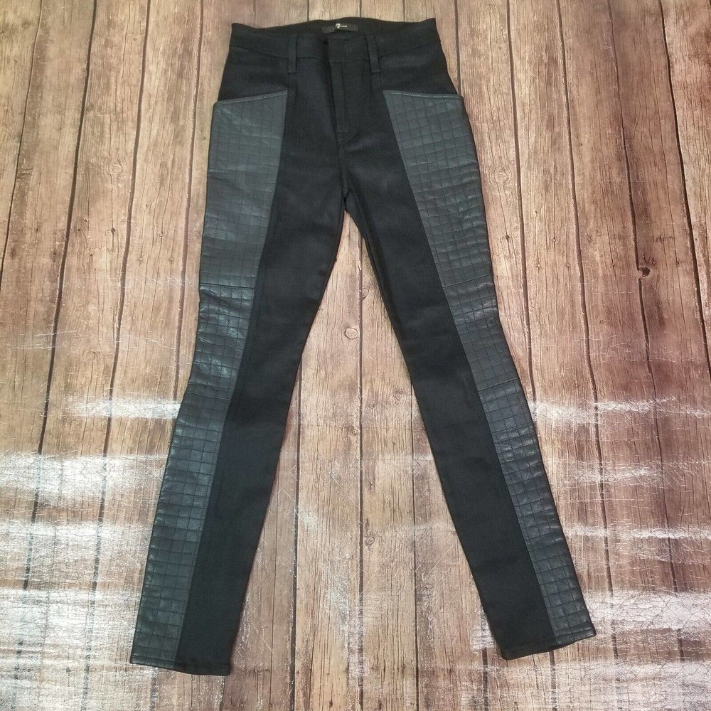 7 For All Mankind Womens Jeans 26 Black Quilted Lambskin Contrast Skinny